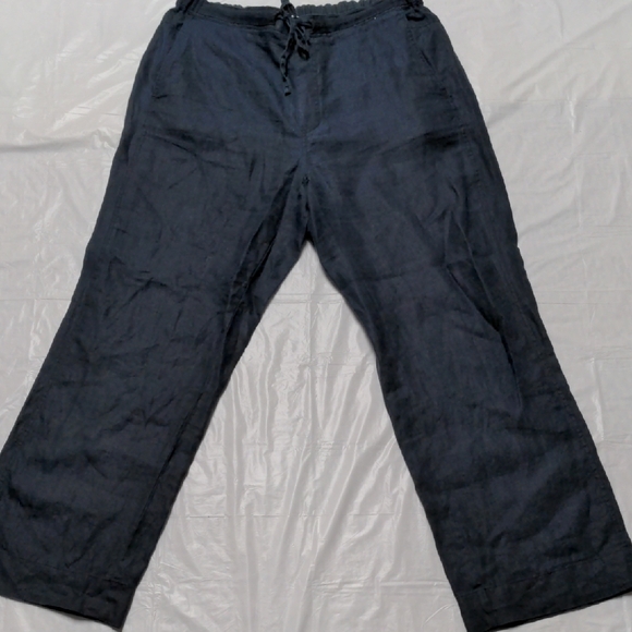 Orvis 100% Linen Navy Blue Pull On Straight Leg Pants Lagenlook Sz Lg - Picture 1 of 6